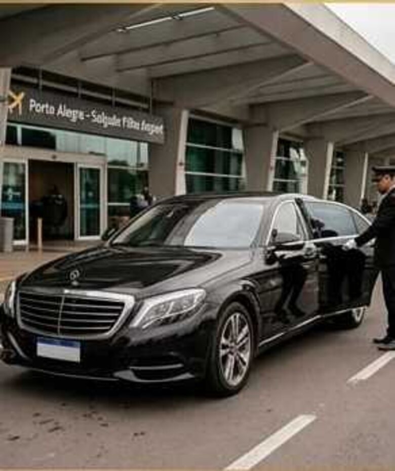 Carro executivo preto recebendo passageiro no aeroporto Salgado Filho, em Porto Alegre
